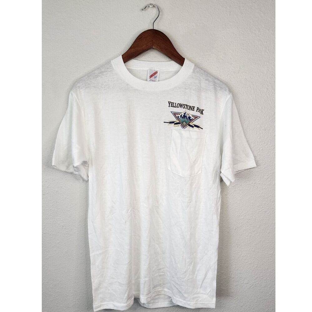 Vintage Yellowstone Shirt National Park Nature Graphic White L Pocket Tee